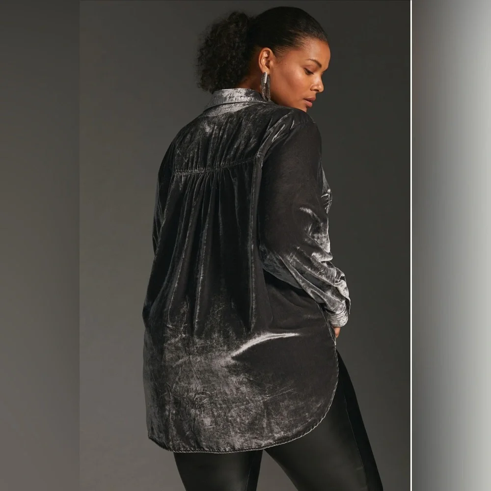 Anthropologie Pilcro Relaxed Grey Velvet Buttondown - Picture 3 of 9